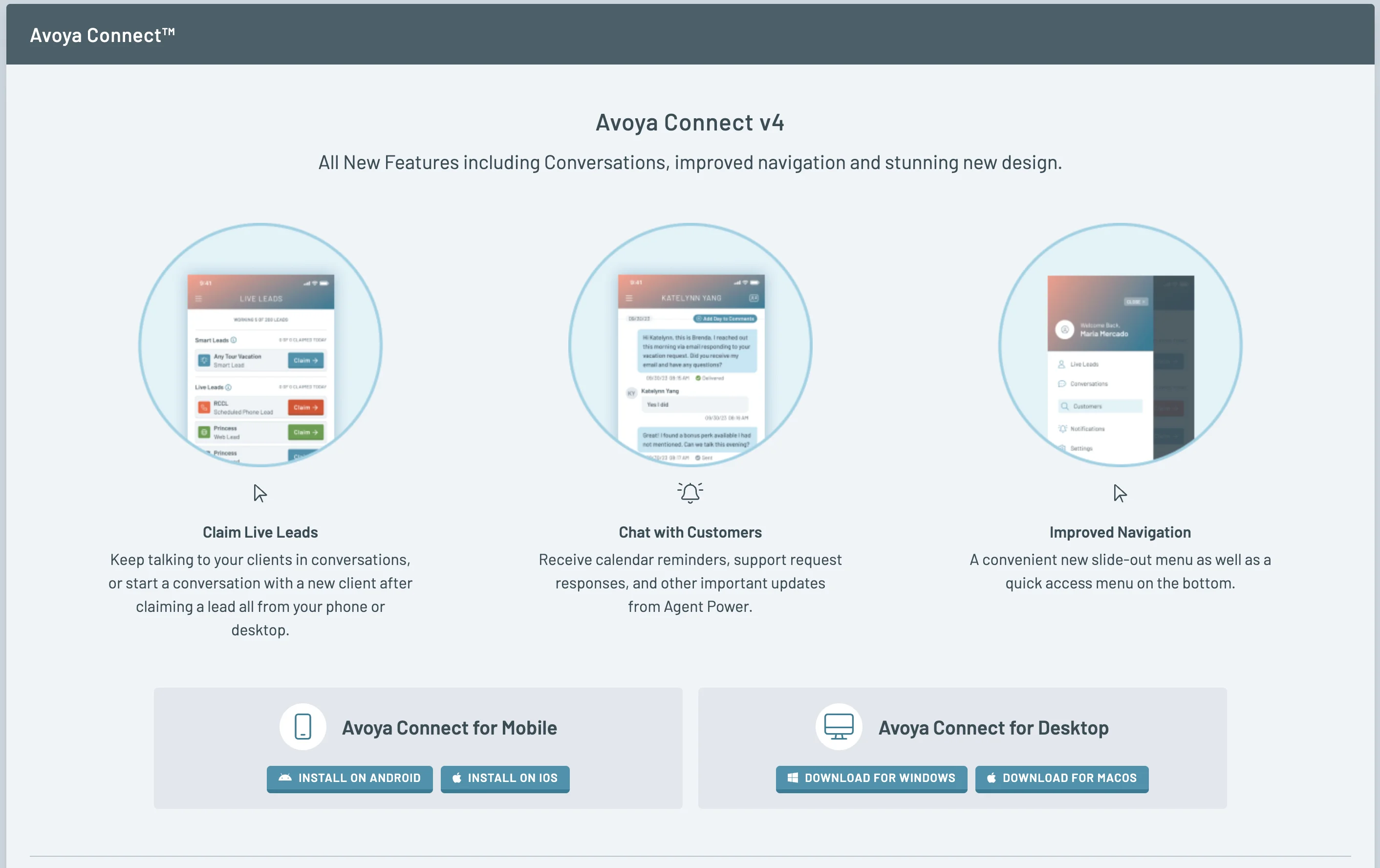 Avoya Connect Mobile App project screenshot showing Cross-platform mobile app for travel advisors with booking management and client tools
