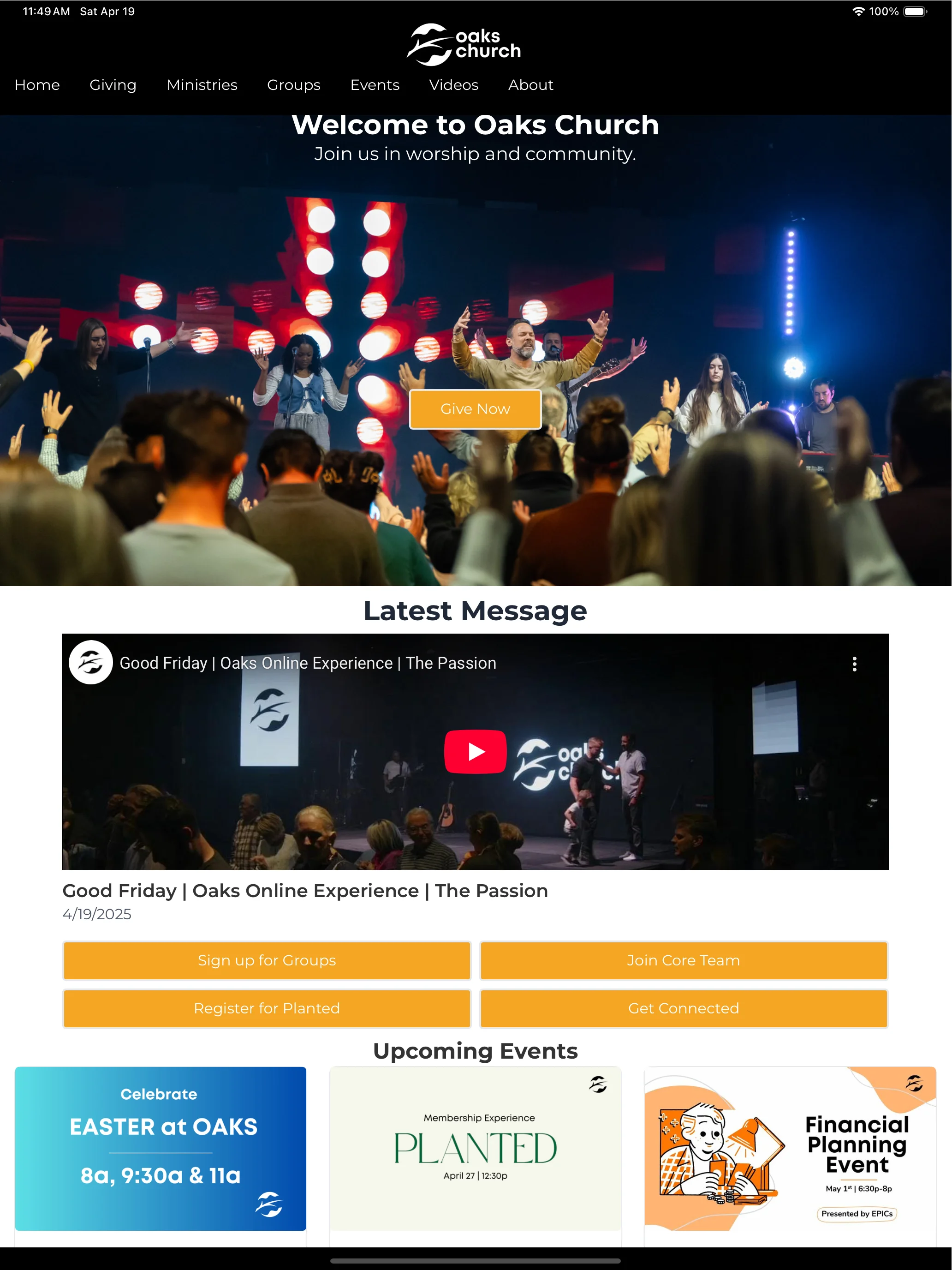 Oaks Church Mobile App project screenshot showing Church community app with sermon streaming, event management, and giving platform
